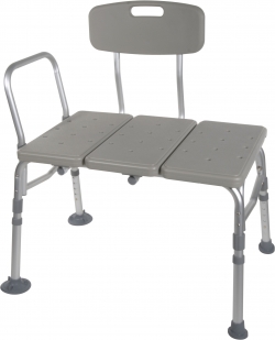 Tool-free assembly of back, legs and arm (Figure A - C) A-frame construction provides stability Durable blow-molded plastic bench and backrest Height adjusts in ½" increments with unique “Dual Column” extension legs Reversible to accommodate any bathroom Pinch-free lever allows for push pins to be depressed without pinching fingers